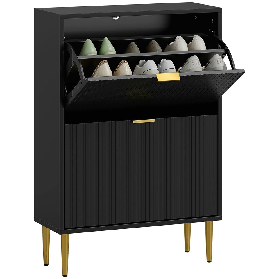 image 1 of HOMCOM Slim Shoe Storage Cabinet with 2 Flip Drawers for Hallway White | Gold | 60W x 24D x 91.5H cm