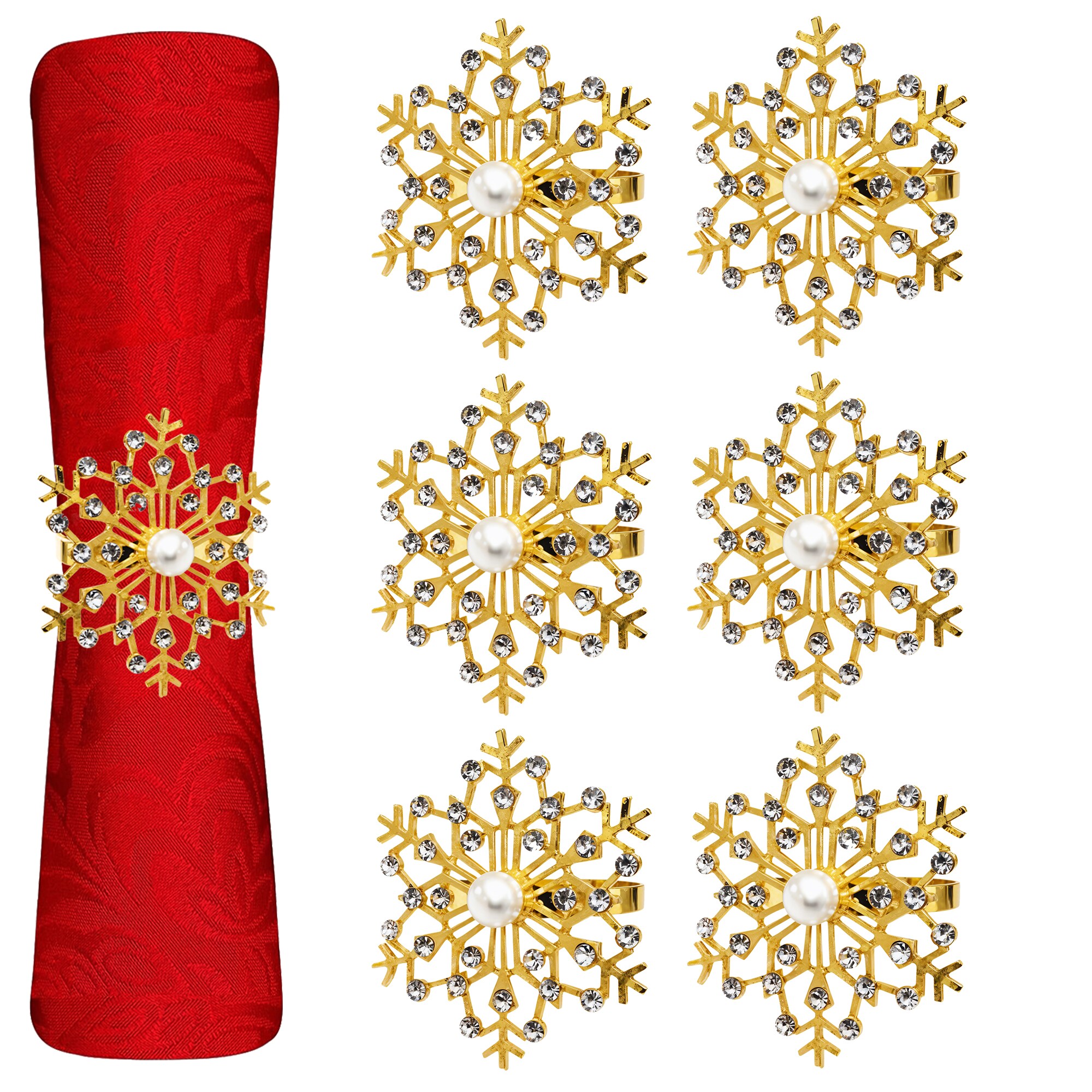 Neel Blue Snowflakes Napkin Rings, Faux Pearl with Diamante Rhinestone Christmas Napkin Holder - Silver, 6pcs in Gold