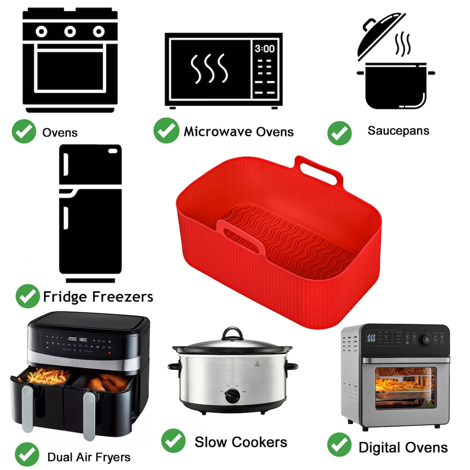 image 1 of SPARES2GO Silicone Basket Drawer Liners for EMtronics EMDAF9LD 9L Air Fryer (Pack of 2, Red)