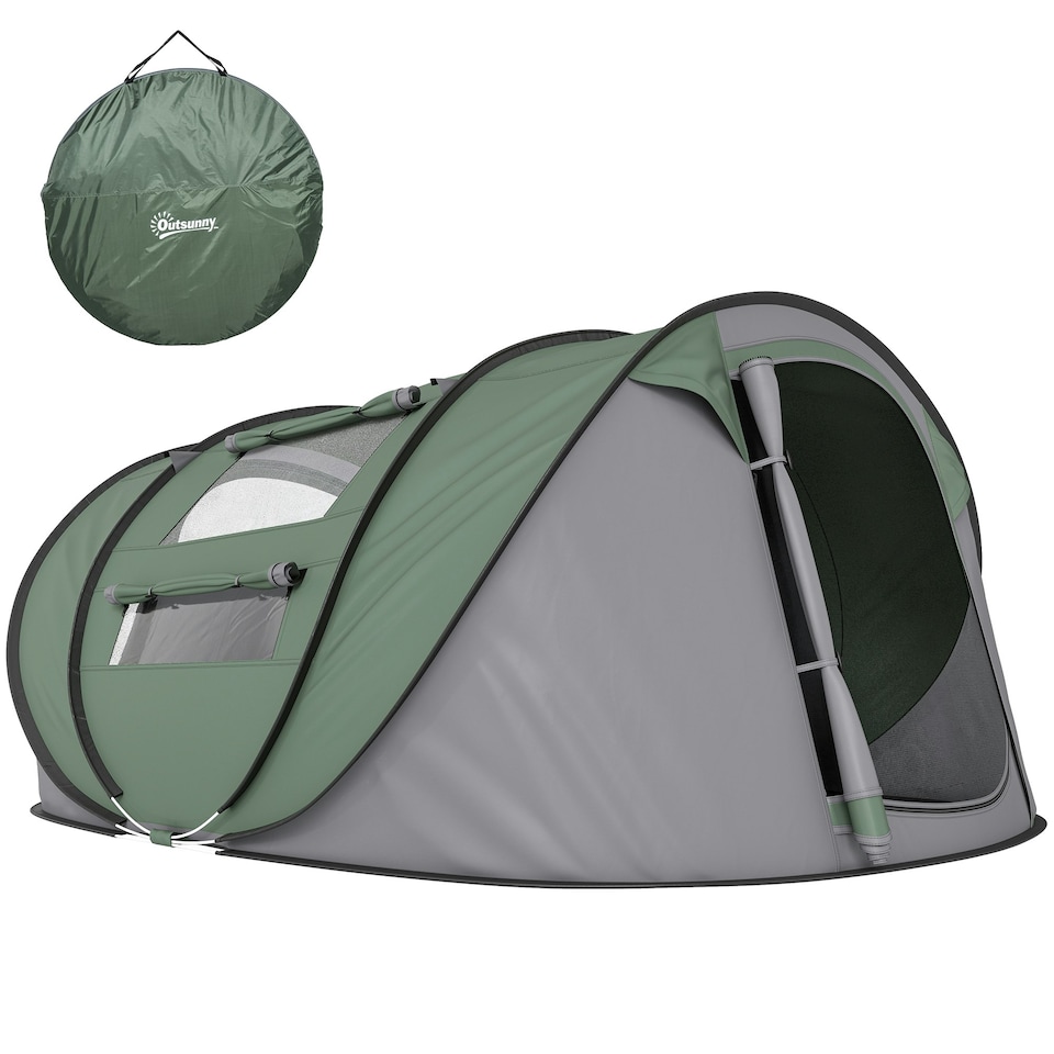 image 1 of Outsunny Camping Tent Dome Pop-up Tent with Windows for 4-5 Person Dark Green