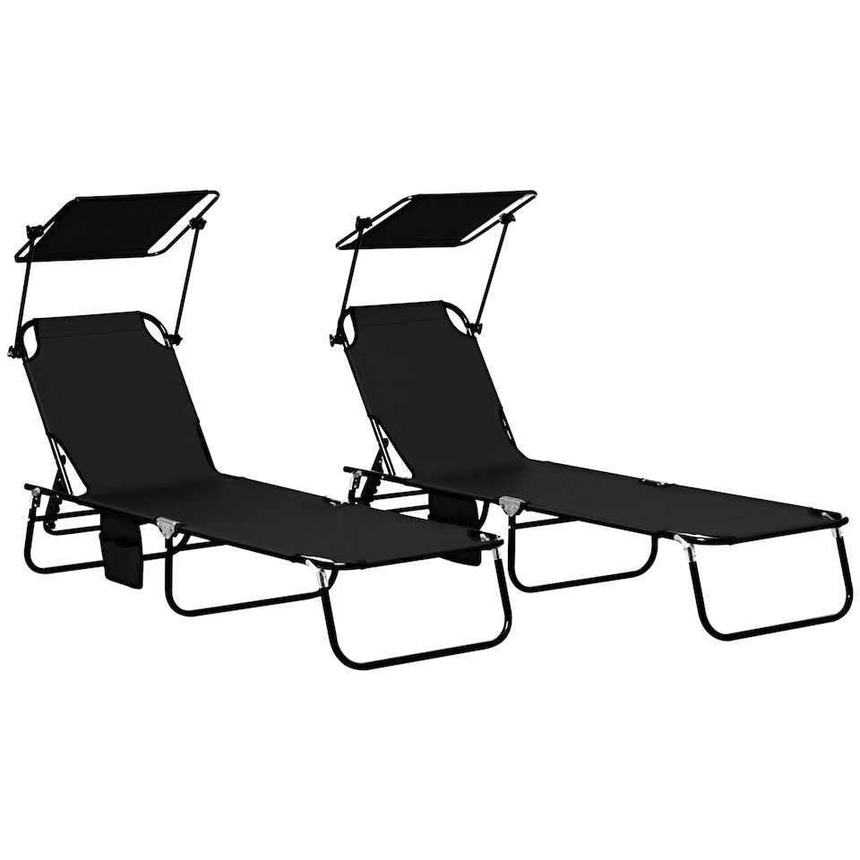image 1 of Outsunny 2 Piece Folding Sun Loungers with Adjustable Backrest, Sunshade, Black