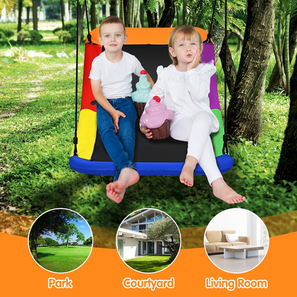 image 1 of COSTWAY Nest Swing Square Kids Swings Outdoor Tree Swing Seat Adjustable Hanging Ropes