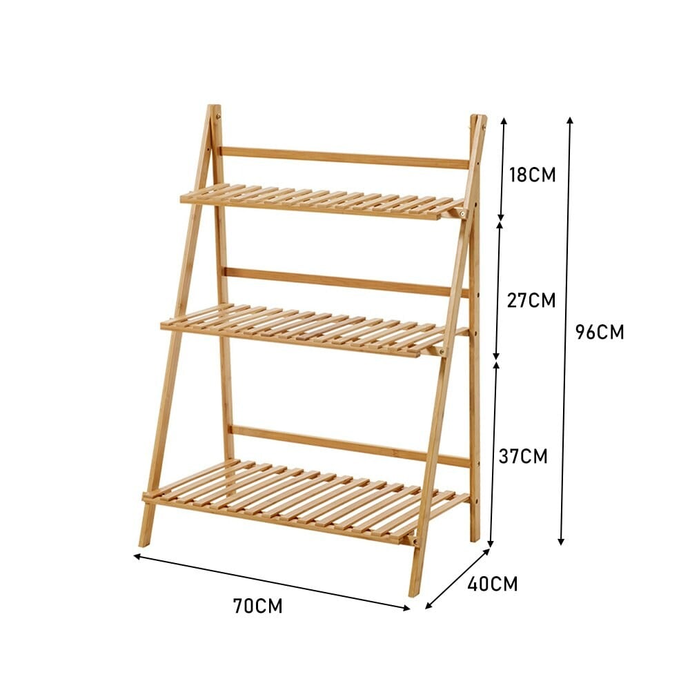 Living and Home 3-Tier Foldable Wooden Ladder Shelf Rack - Natural