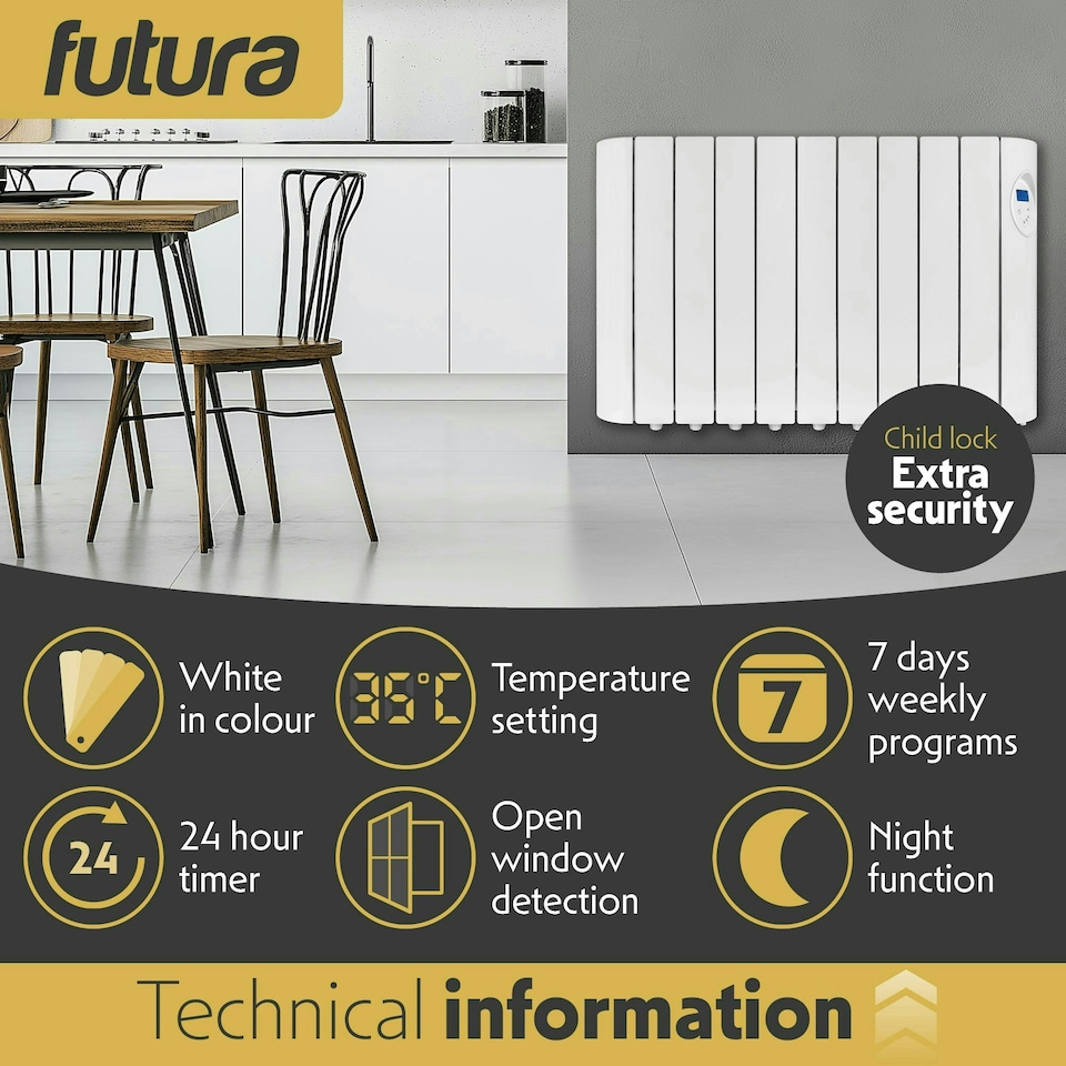 image 1 of Futura 1800W Electric Oil Filled Wall Radiator White