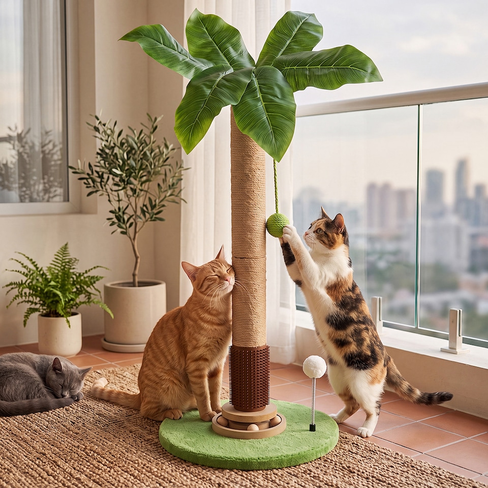 image 1 of Skylos Cat Scratching Post Palm Tree Cat Scratcher With Brush Toy Indoor Green