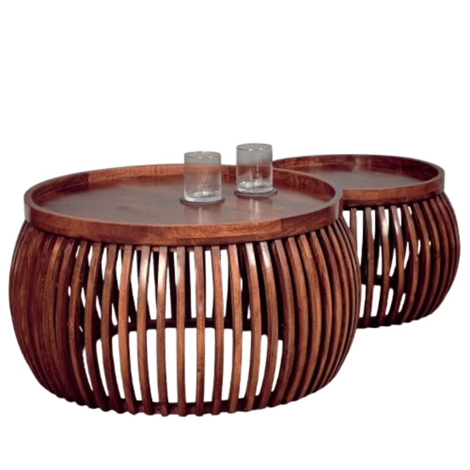 image 1 of Set of 2 Solid Mango Wood Round Coffee Tables – Medium Oak Finish Nesting Living Room Tables, Fully Assembled Rustic Modern Drum Style Side Tables, No Veneer Wooden Accent Furniture