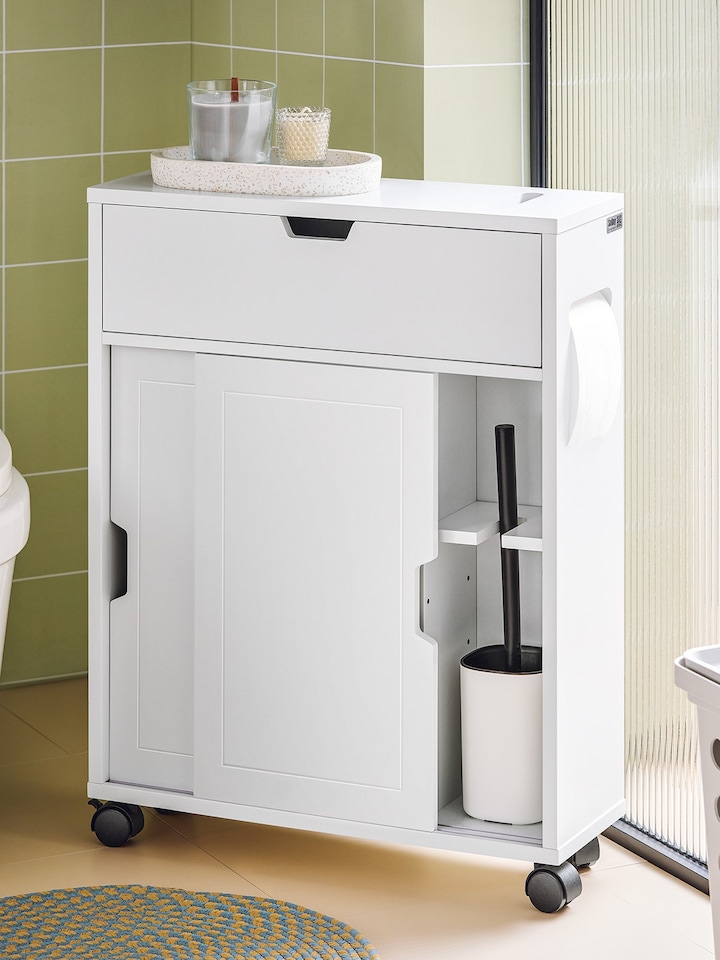 image 1 of SoBuy BZR31-W,Slim Bathroom Cabinet on Wheels with Sliding Doors | White | White | 1