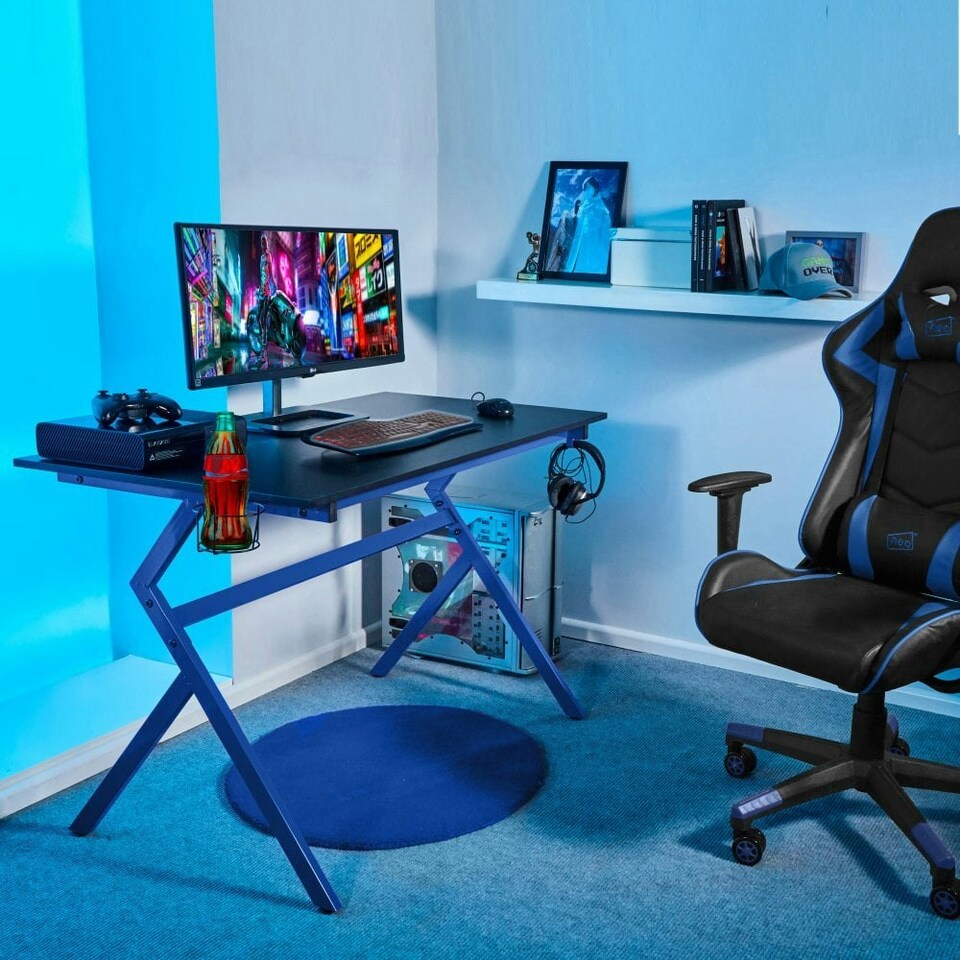 image 1 of Blue Ergonomic PC Gaming Office Computer Desk with Headphone Hook