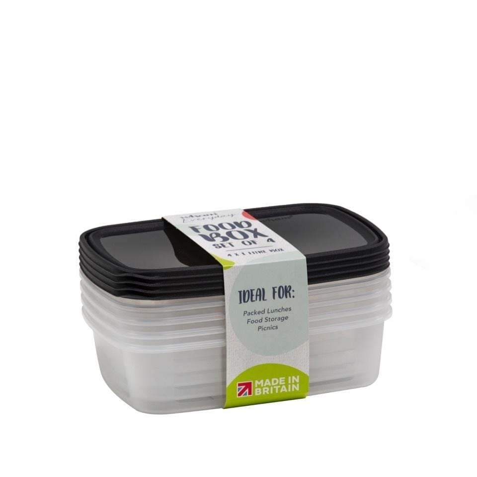 Wham 1L Food Storage Box (Pack of 4) | Clear | Clear/Black | One Size | 1