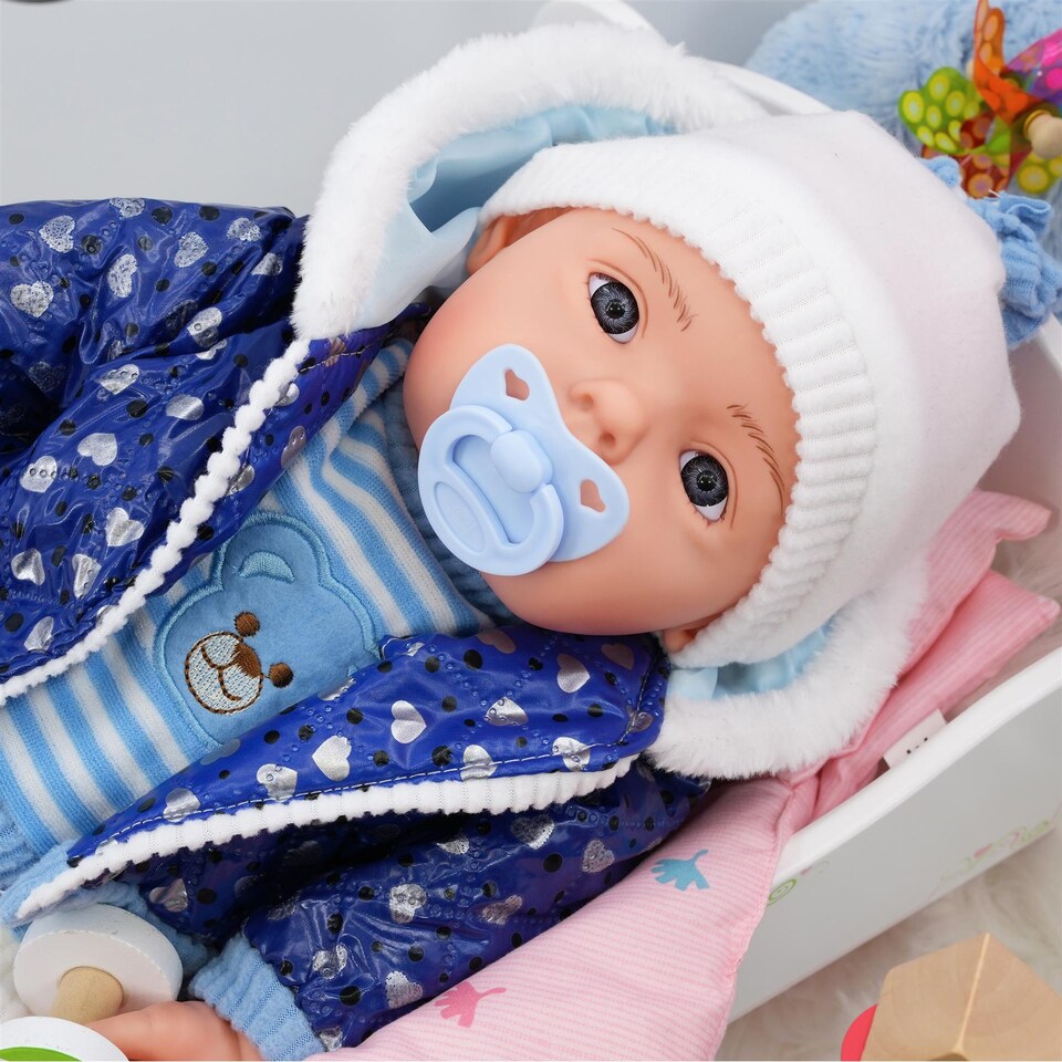 image 1 of BiBi Doll 20" Navy Baby Doll Boy with Blue Coat Outfit, Sounds & Dummy Toy