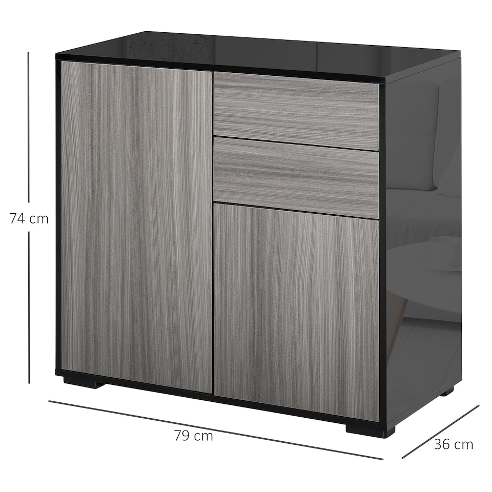 image 1 of HOMCOM High Gloss Frame Sideboard, Side Cabinet, Push-Open Design with 2 Drawer for Living Room, Bedroom, Light Grey and Black