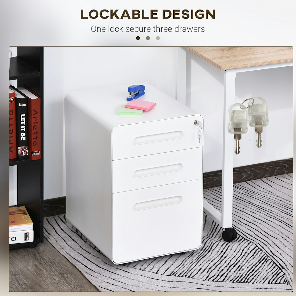image 1 of Vinsetto 3 Drawer Steel Filing Cabinet w/ 4 Wheels Lock Pencil Box