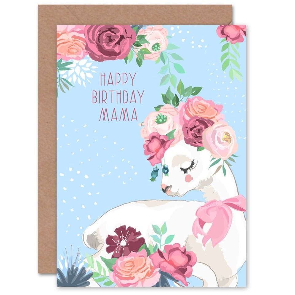 image 1 of Blue Happy Birthday Mama Llama with Rose Flowers Greeting Card