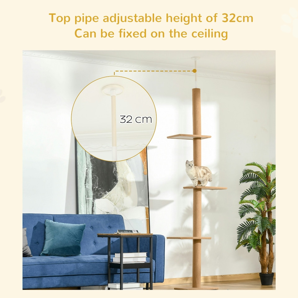 image 1 of PawHut 260cm Cat Tree Floor To Ceiling Adjustable Height, Light Brown