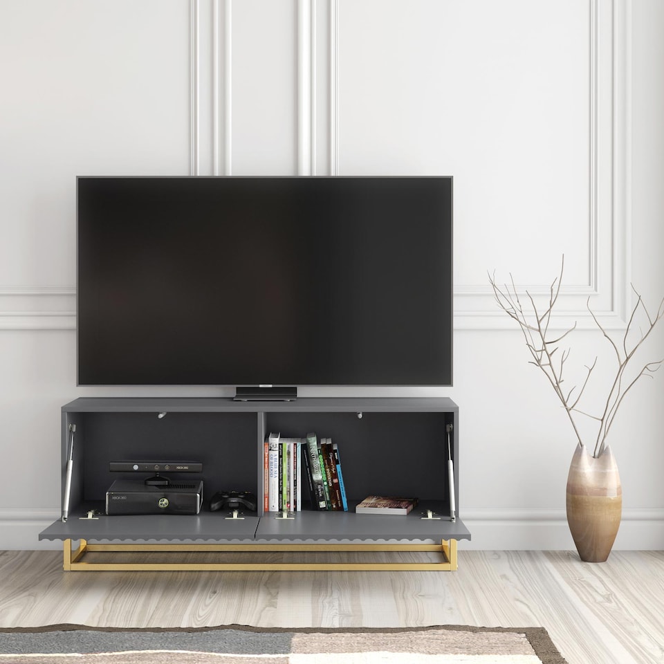 image 1 of TV Unit Stand Cabinet Sideboard Media Cabinet Storage Unit Grey Fluted Gold Base 100cm