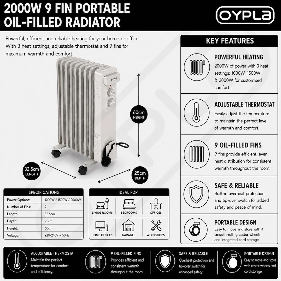 image 1 of 2000W 9 Fin Portable Oil Filled Radiator Electric Heater