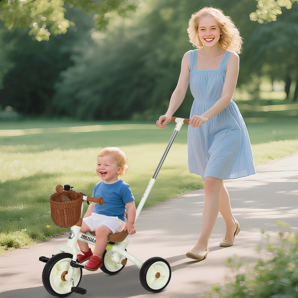 image 1 of AIYAPLAY Kids Tricycle for 2-5 Years Old, 2-In-1 Toddler Trike with Adjustable Parent Handle, Pedals, Footrests, Storage Basket, 3 Wheel Bike for Boys and Girls | White