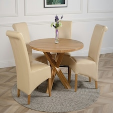 Oregon Round Oak Dining Table with Montana Leather Chairs Cream