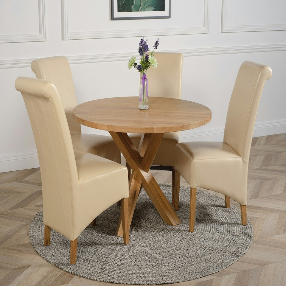 image 1 of Oregon Round Oak Dining Table with Montana Leather Chairs Cream