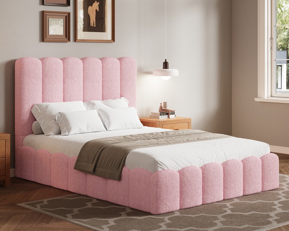 image 1 of Ezysleep Kingsley Boucle Soft Teddy Upholstered Gas Lift Ottoman Bed Frame | Pink | Pink