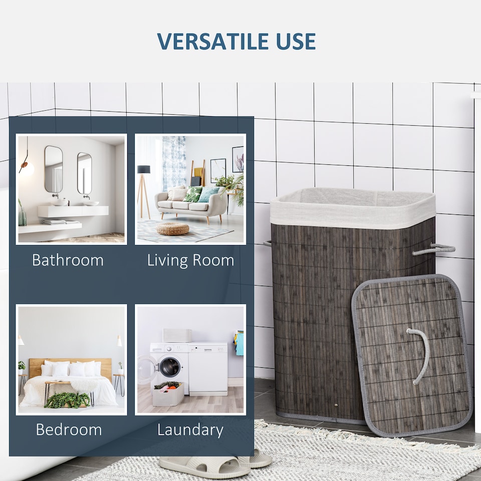 image 1 of HOMCOM Laundry Basket with Flip Lid and String Handles, Collapsible Hamper Removable Lining Board Base Foldable Water-Resistant Dirty Clothes Storage, Grey