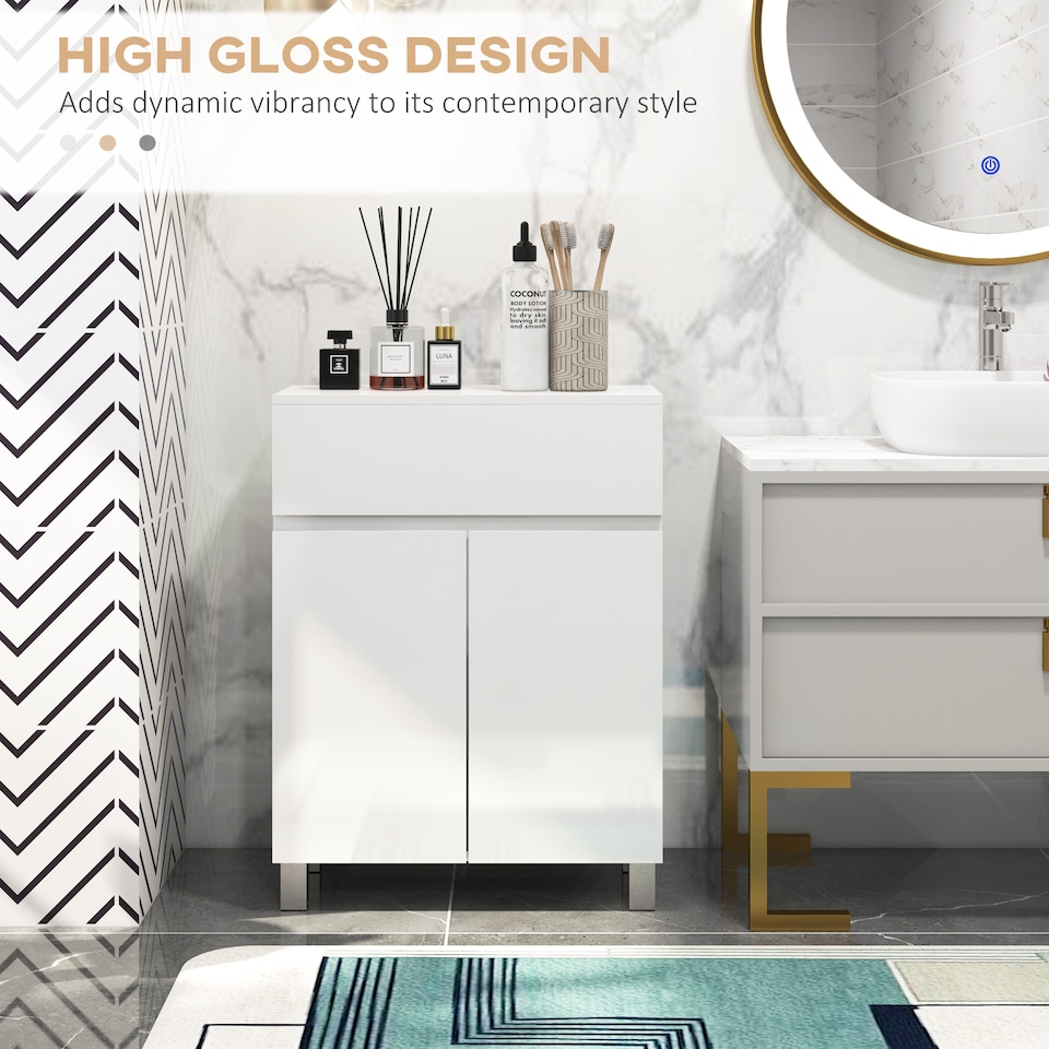image 1 of kleankin High Gloss Bathroom Floor Cabinet Storage Cupboard with Drawer | White