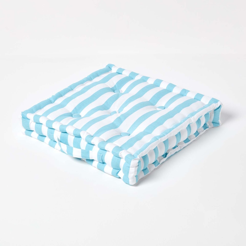 image 1 of Homescapes Cotton Blue Thick Stripe Floor Cushion - 50 x 50 cm | Blue | 50 x 50 cm
