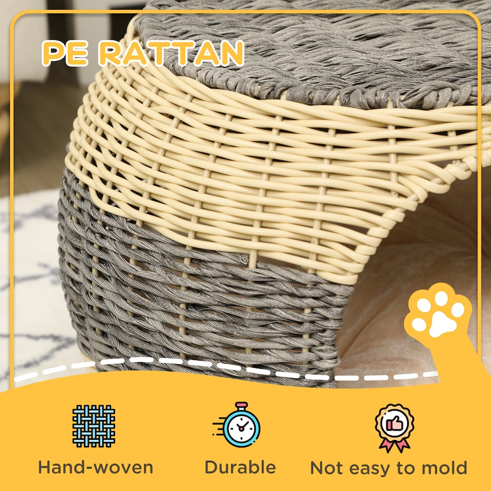 image 1 of PawHut Wicker Cat House, Rattan Raised Cat Bed with Soft Cushion, 40 x 30cm