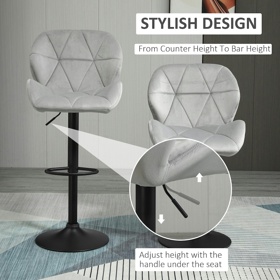 image 1 of HOMCOM Bar Stool Set of 2 Fabric Adjustable Height Counter Chairs Light Grey