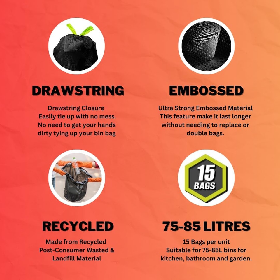 image 1 of Hero Ultra Strong Black Drawstring Bin Bags 75–85L – 15 Extra Thick Tear-Resistant Refuse Sacks | Recycled Plastic Bin Liners for Home, Office & Commercial Use | Black | 30