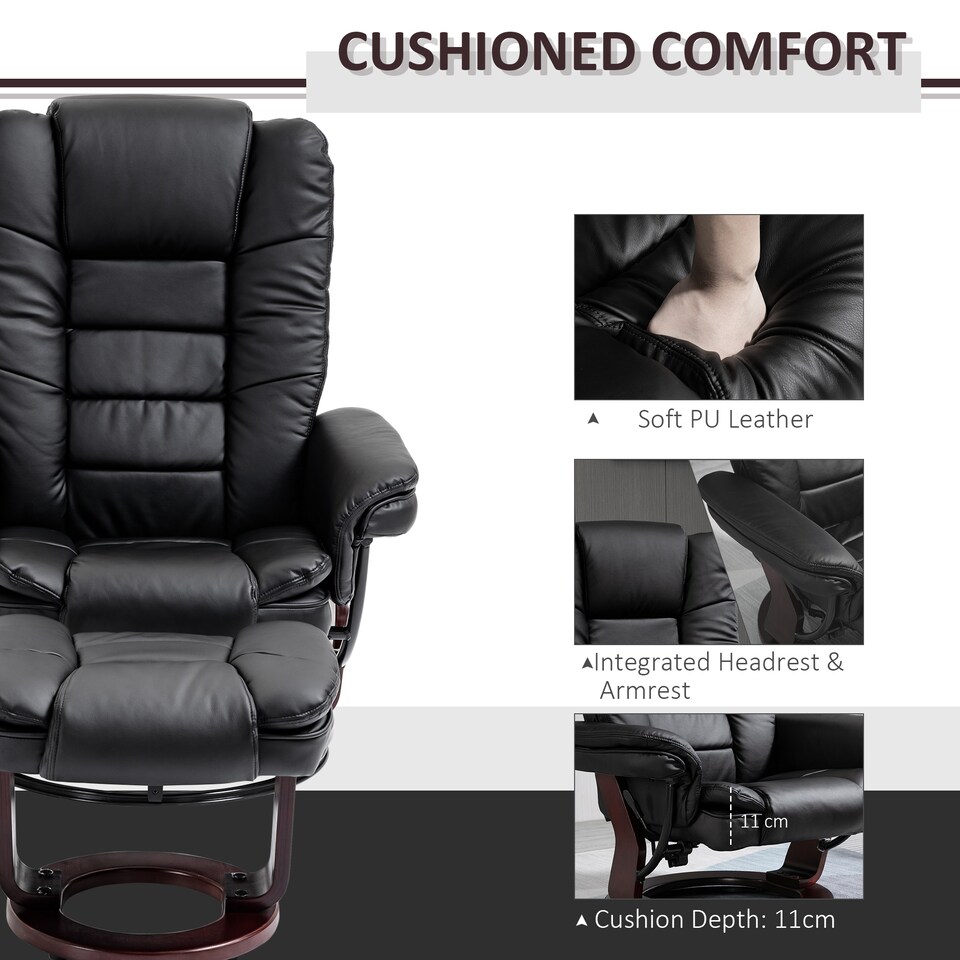 image 1 of HOMCOM Recliner Chair With footstool, Recliner Armchair up to 130kg Weight Capacity, 135 Reclining Swivel Sofa Chair, PU Leather Ergonomic Couch Bed with Swivel Wood Base for Living Room, Black