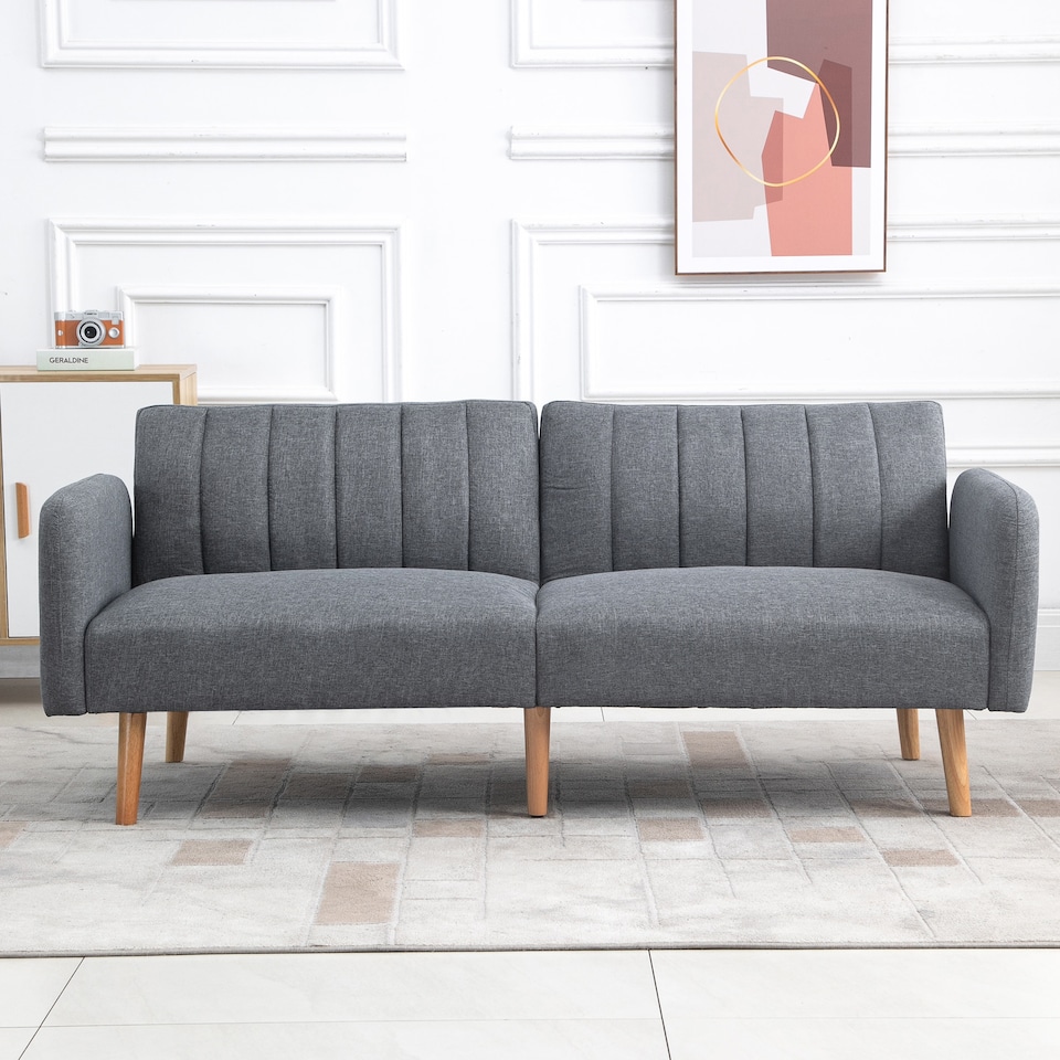 image 1 of HOMCOM 3 Seater Sofa Bed, Convertible Linen Fabric Sofa Couch, Click Clack Sofabed with Adjustable Split Backrest for Living Room, Bedroom, Guest Room, Grey