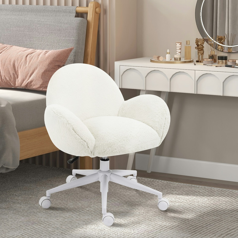 image 1 of HOMCOM Fluffy Leisure Chair Office Chair with Backrest Wheels Cream White