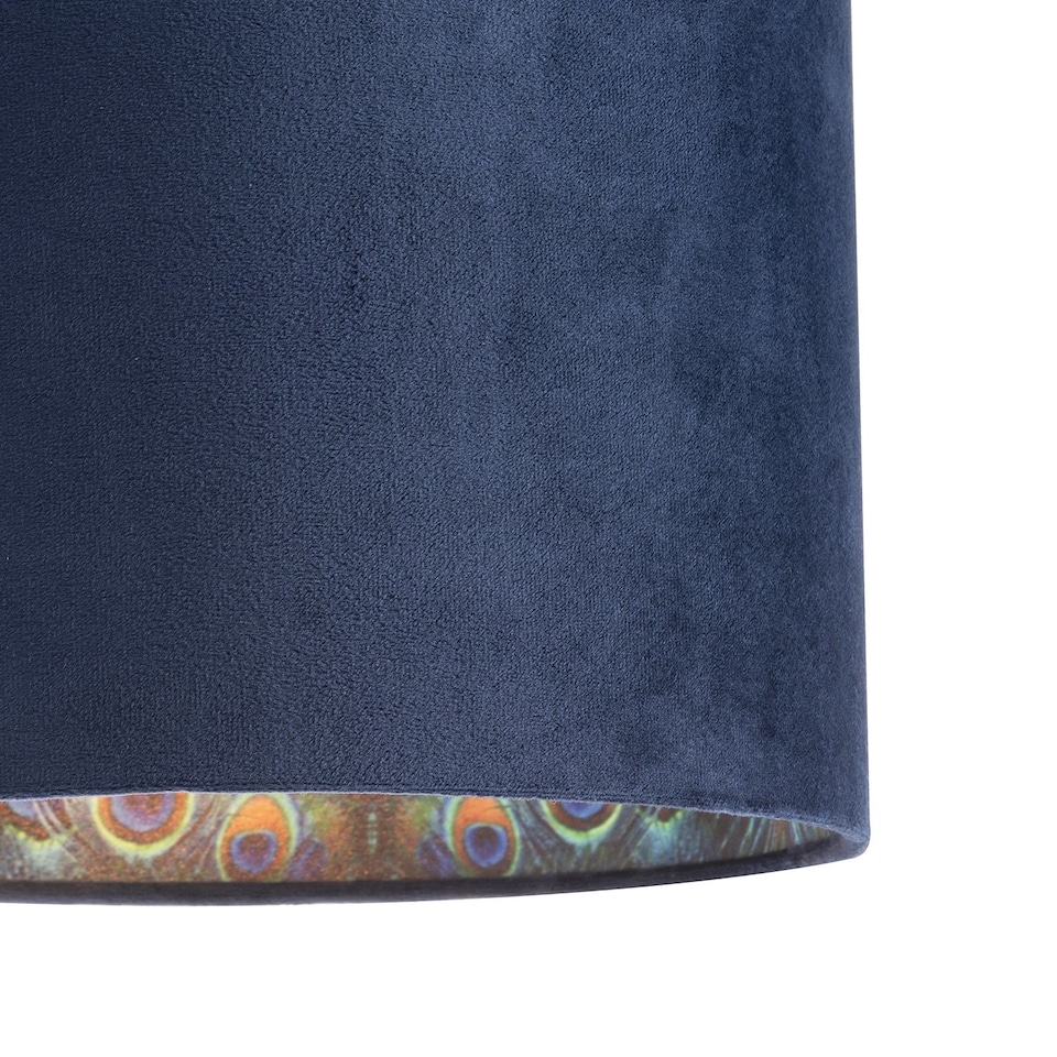 image 1 of Midnight Blue Velvet Lamp Shade with Colourful Peacock Feather Inner | Blue | Midnight Blue | 1