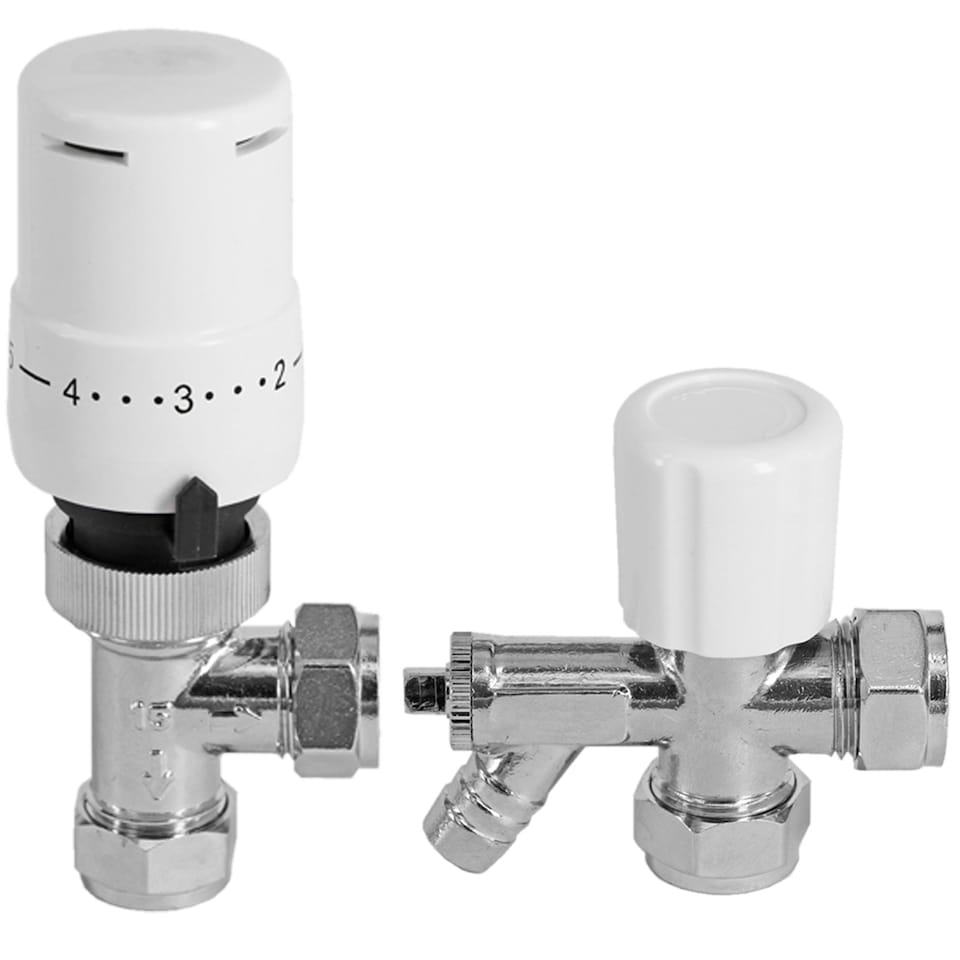 image 1 of SPARES2GO Thermostatic Radiator Valve Chrome Rad Valves Set Drain Off Lockshield