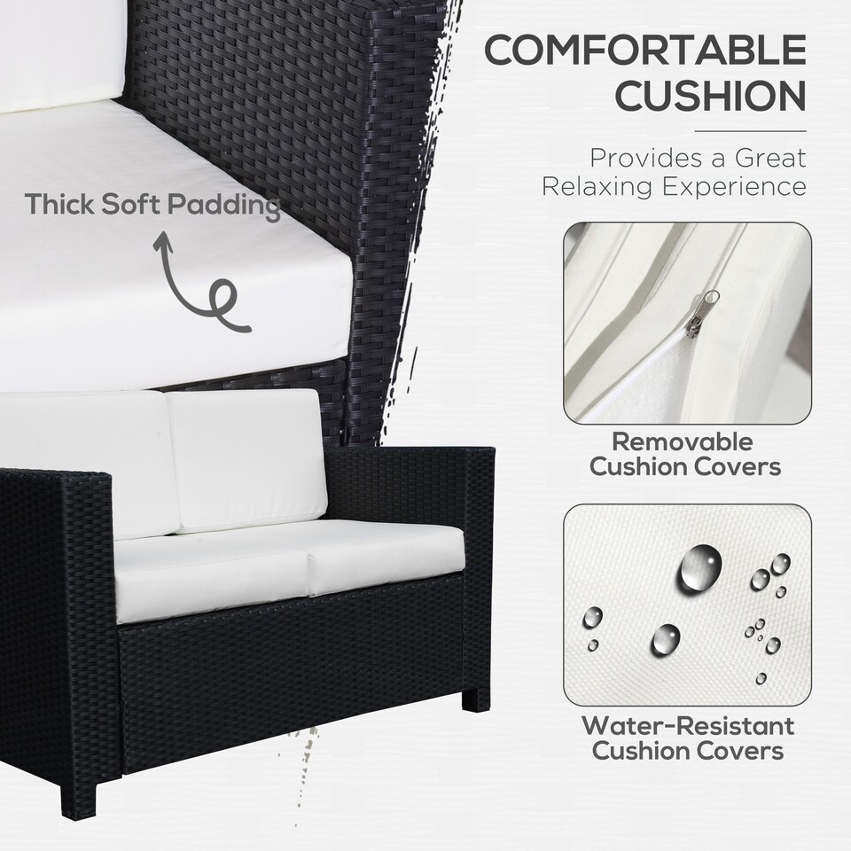 image 1 of Outsunny Rattan Sofa, 2 Seater Garden Furniture with Soft Padded Cushion and Armrests, Wicker Garden Loveseat for Patio, Black