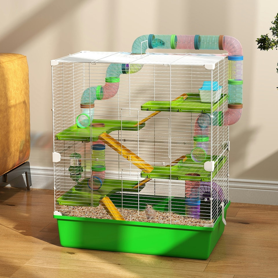 image 1 of PawHut Hamster Cage w/ Water Bottle, Exercise Wheel, Tubes, Ramps - Green