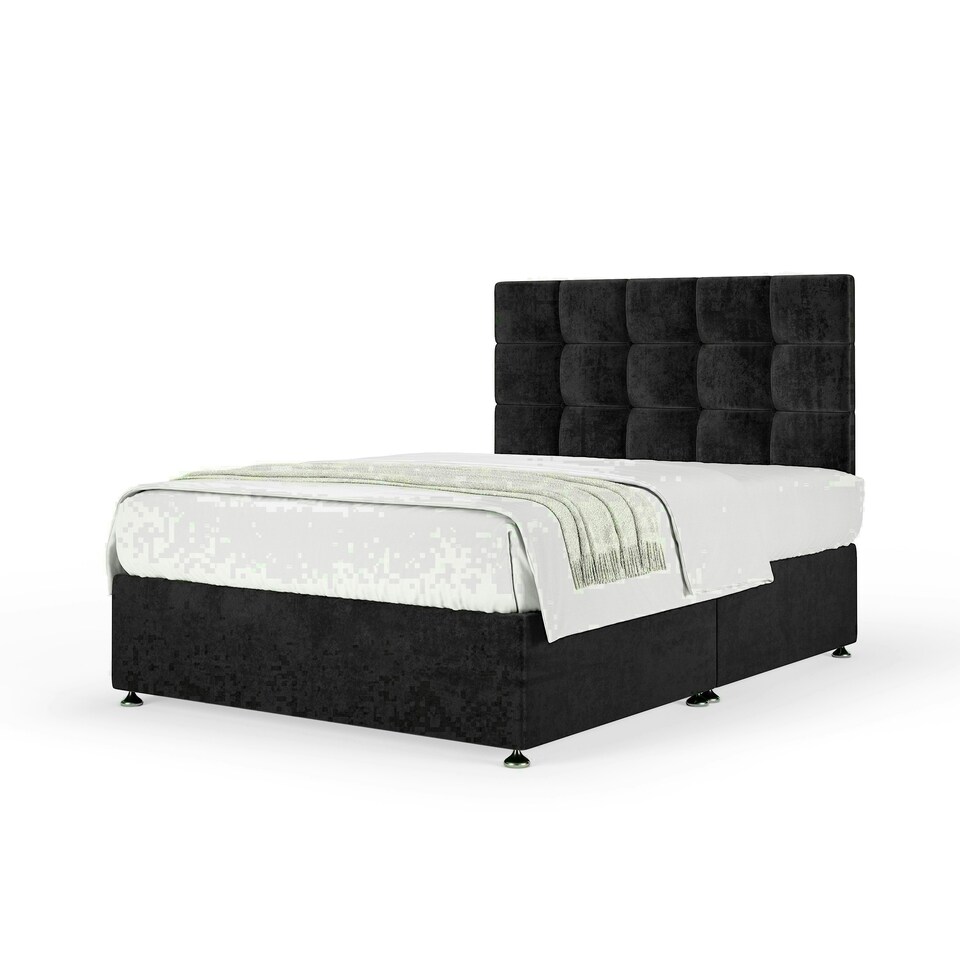 Black Naples Velvet No Drawer Divan Base and Pearl Headboard Small Double