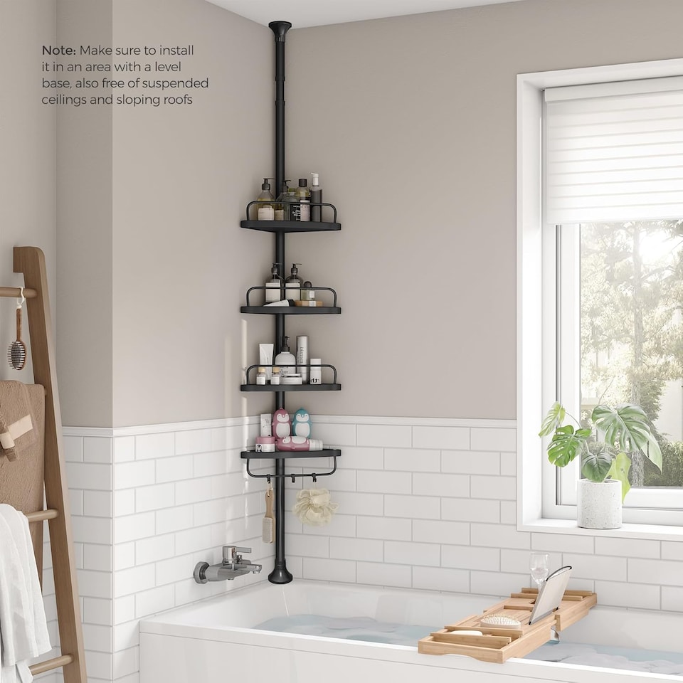 image 1 of Adjustable 4-Tier Corner Shower Caddy Storage Organizer for Bathroom, Black