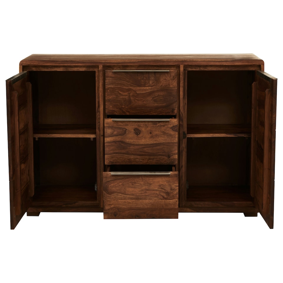 image 1 of Interiors by Premier Two‑Door Three‑Drawer Sheesham & Acacia Sideboard, Solid Natural Wood Buffet Cabinet Brown