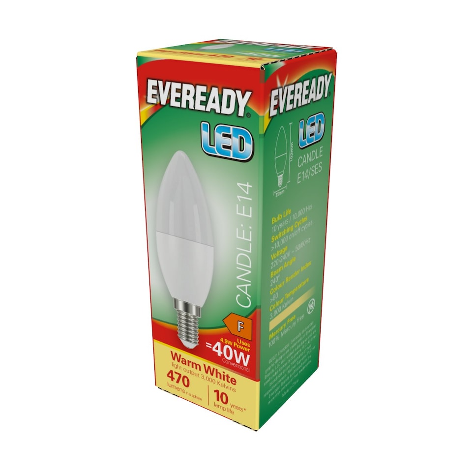 image 1 of Eveready LED Candle E14 (SES) 470lm 4.9W 3000K (Warm White)  - Pack of 2 | Yellow | Warm white | 6