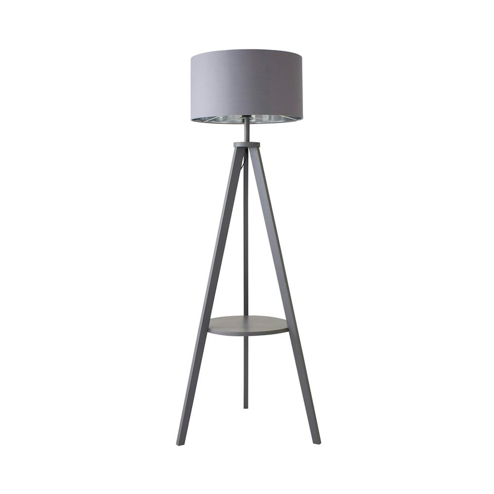 image 1 of ValueLights Morrigan Grey Wood Tripod Floor Lamp Grey & Chrome Shade Grey