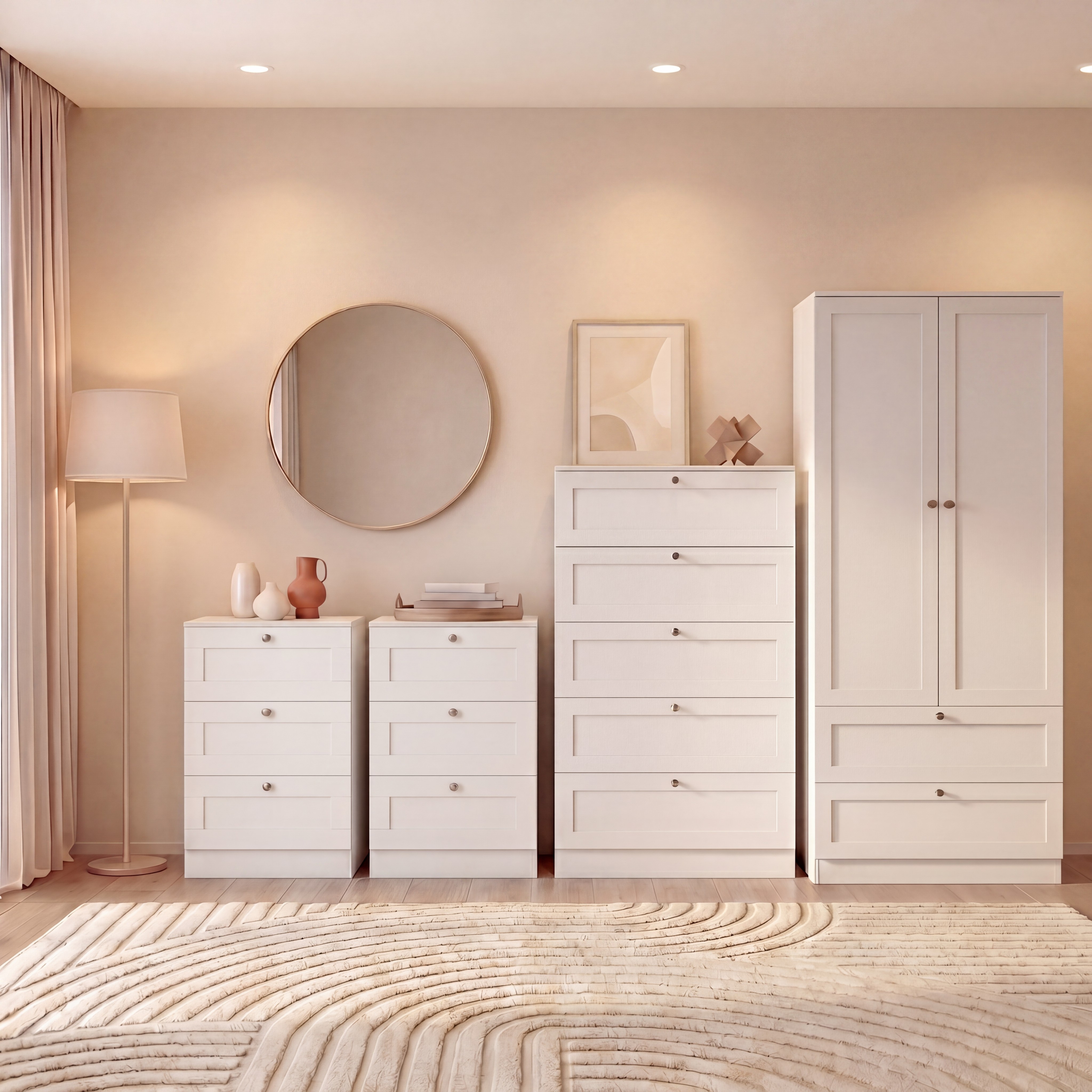 Vida Designs Altino 4 Piece Bedroom Set (2x 3 Drawer Bedside, 5 Drawer Chest, 2 Door 2 Drawer Wardrobe), White