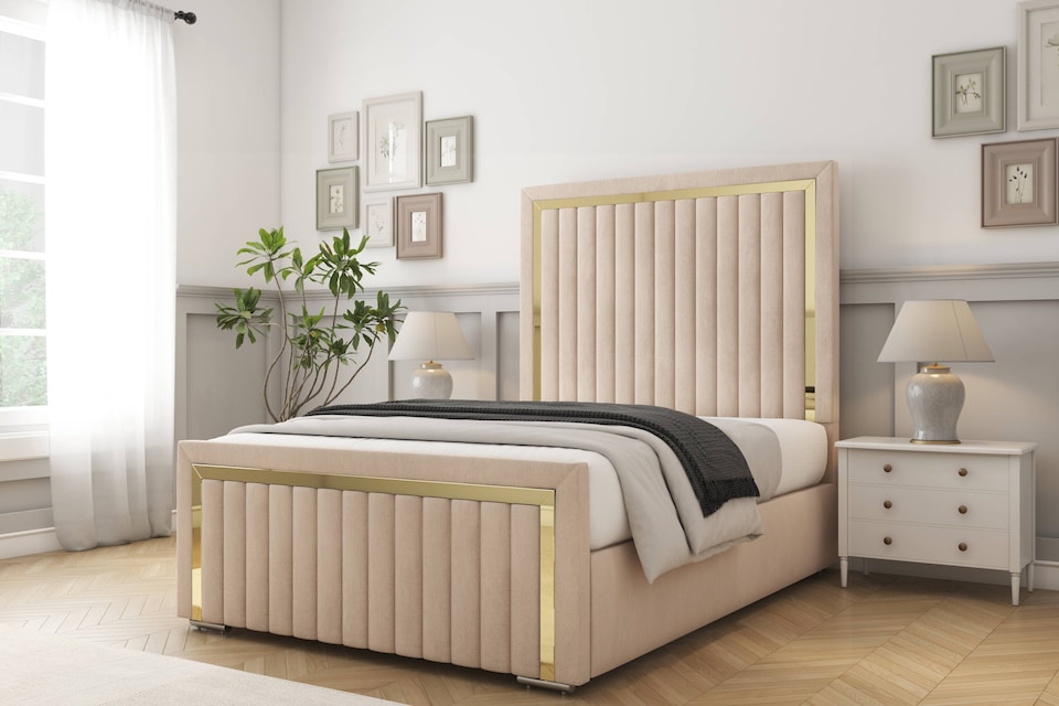 image 1 of Sloomy Boston Gold Sand Naples Bed Frame With Mattress With 50" Upholstered Headboard 6' Super King
