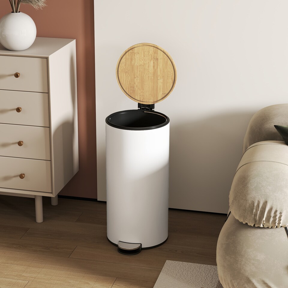 image 1 of HOMCOM Kitchen Bin, 30 Litre Pedal Rubbish Bin with Removable Bucket, White