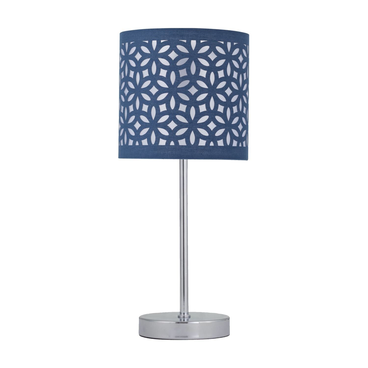 First Choice Lighting Chrome Touch Operated Table Lamp with Navy Blue Cut Out Shade in Silver