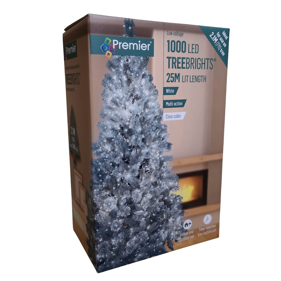 image 1 of 1000 LED 25m Indoor Outdoor Christmas Multi Function Mains Operated String Lights with Timer & Clear Cable in Cool White