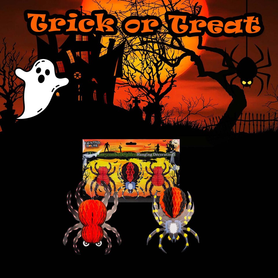 image 1 of PMS Halloween Spider Hanging Honeycomb Decorations Set of 3 - Red