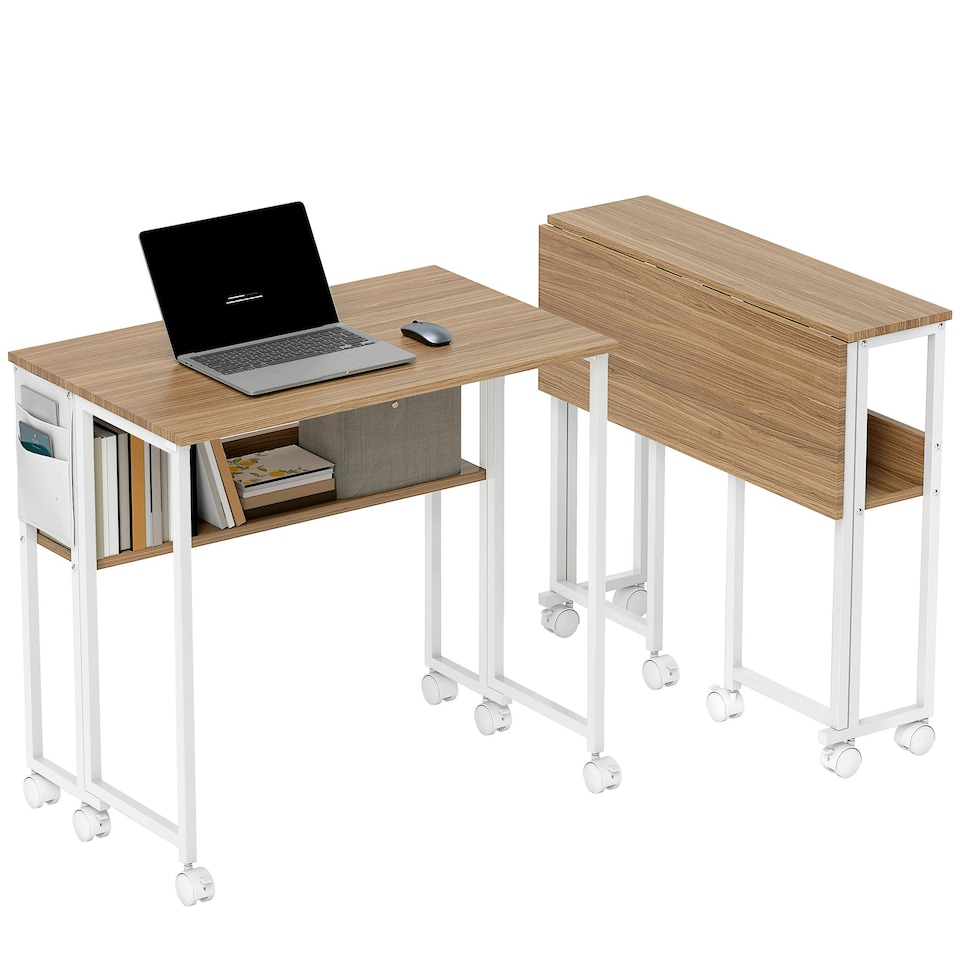 image 1 of HOMCOM Folding Desk with Storage Shelf and Bag, 80 cm Foldable Computer Desk for Small Spaces, Space Saving Writing Table on Wheels for Home Office, Bedroom, Easy Assembly, Rustic Brown | Brown