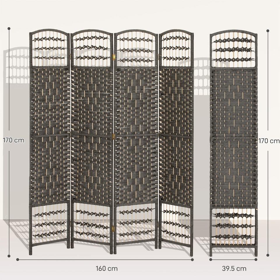 image 1 of HOMCOM 4 Panel Folding Privacy Screen with Pine Wood Frame, Dark Grey